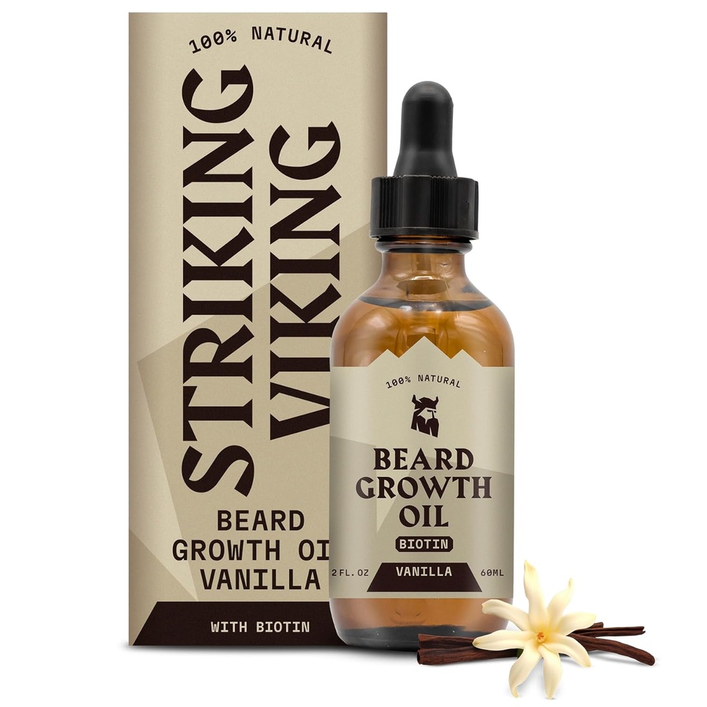 Striking Viking Rastový olej s biotínom - 2 Fl Oz, Vanilka - zhrubnutie, Kondicionovanie Biotín Medvedí olej sérum pre mužov s Argan & Jojoba - Rastové sérum tváre pre mužov