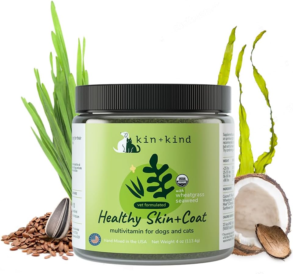 kin+kind Organic Multivitamín pre psy a mačky - Pet Supplement for Healthy Skin and Coat - Bezpečný, Prírodný vzorec s pšeničnou trávou, Kelp, Seaweed a Coconut - Made in USA - 4 oz (Medium)