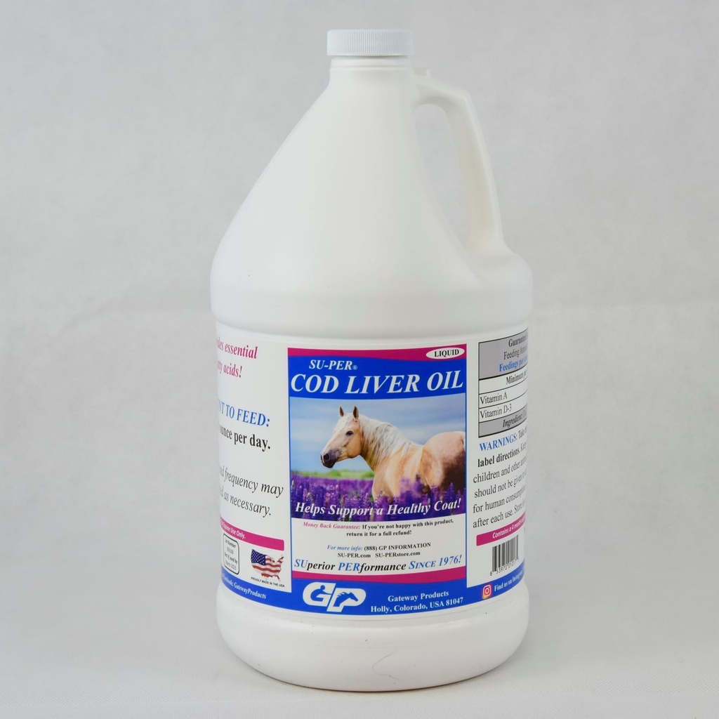 SU-PER Cod Liver Oil for Horses - Horse Oil Supplement with Essential Mastné kyseliny, Omega 3, Vitamíny A a D - podporuje zdravý konský plášť a pokožku - 1 Gallon, 4 mesiace Zásoba