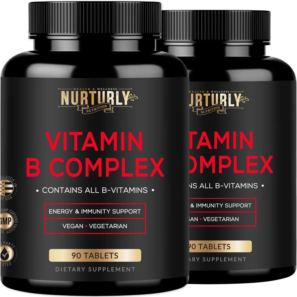 Vitamín B komplex - obsahuje všetky esenciálne B vitamíny - B1, B2, B3, B5, B6, B7, B9, B12 a biotín - Super B komplex Vitamíny pre energiu, Imunita podpora - 180 tabliet