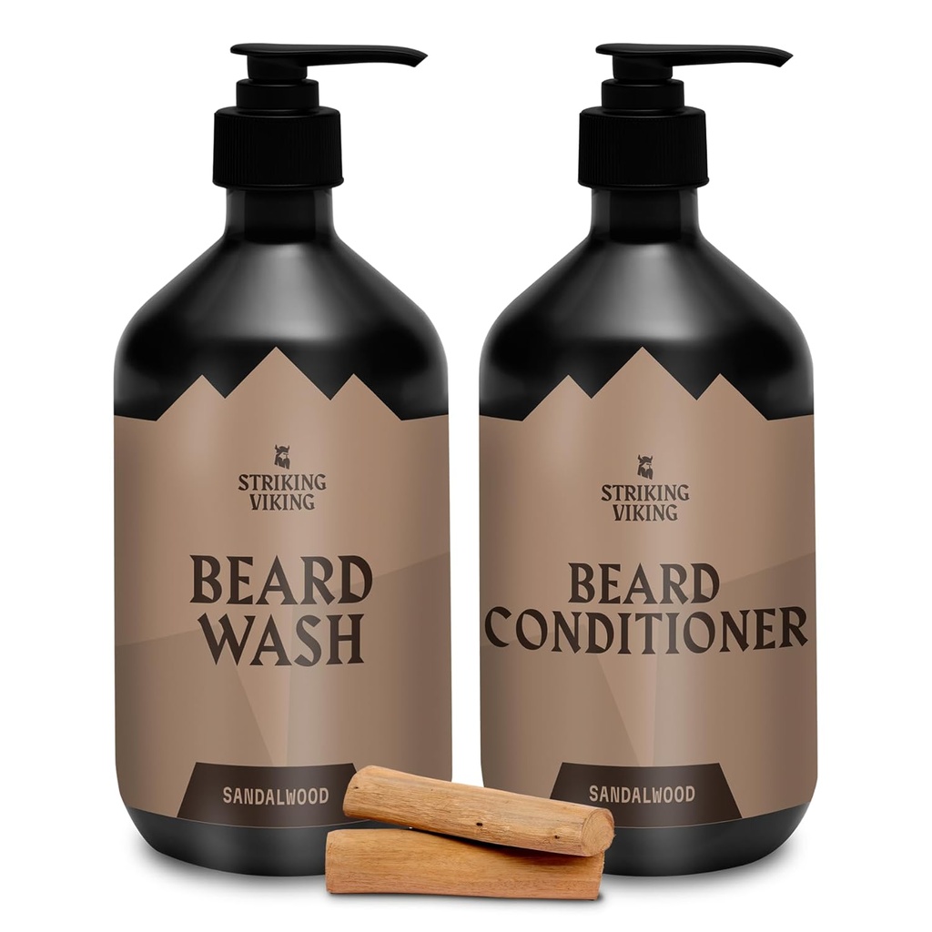 Striking Viking Brada starostlivosť sada (Sandalwood) - Paraben a sulfate zadarmo šampón s jojobovým olejom - hlboké čisté pre všetky druhy brada (10oz na fľašu)