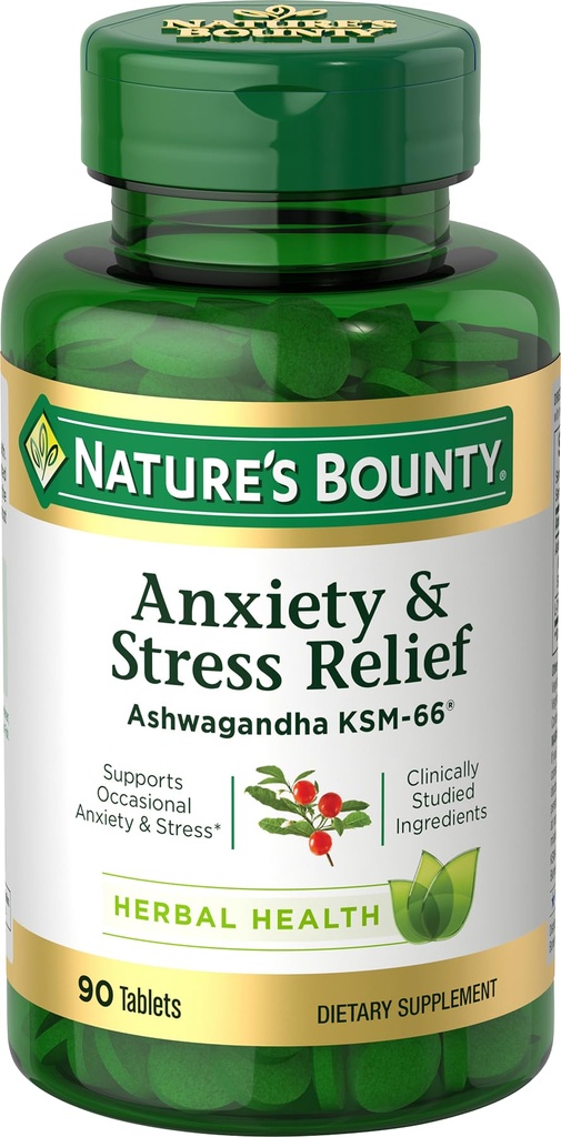 Nature's Bounty Stres Relief, Ashwagandha KSM-66, Podpora príležitostné stres Relief, Dietary Supplement, 2 tablety denne, Vegetariánske tablety, bez lepku, 90 Ct
