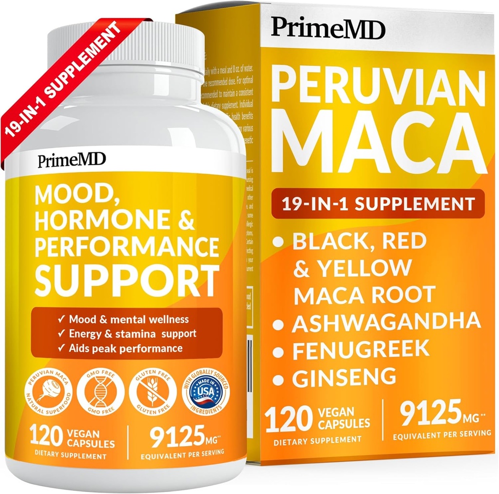 PrimeMD 19-in-1 Peruvian Maca Root Kapsule - 9125 mg Ashwagandha Supplements with Maca Fenugreek and Ginseng for Mood, Hormone & Performance Support (120 Kapsule)