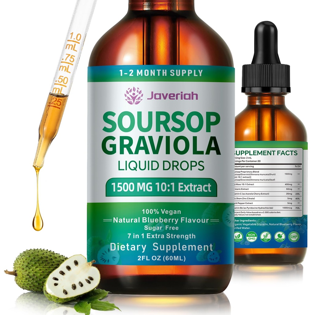 Soursop Bitters Liquid Drops Supplement with Irish Sea Moss & Turmeric for Cellular Support, Immune System Boost, Liver Health, Soursop Graviola Liquid Leaves Extract 2 Month Supply 60ML