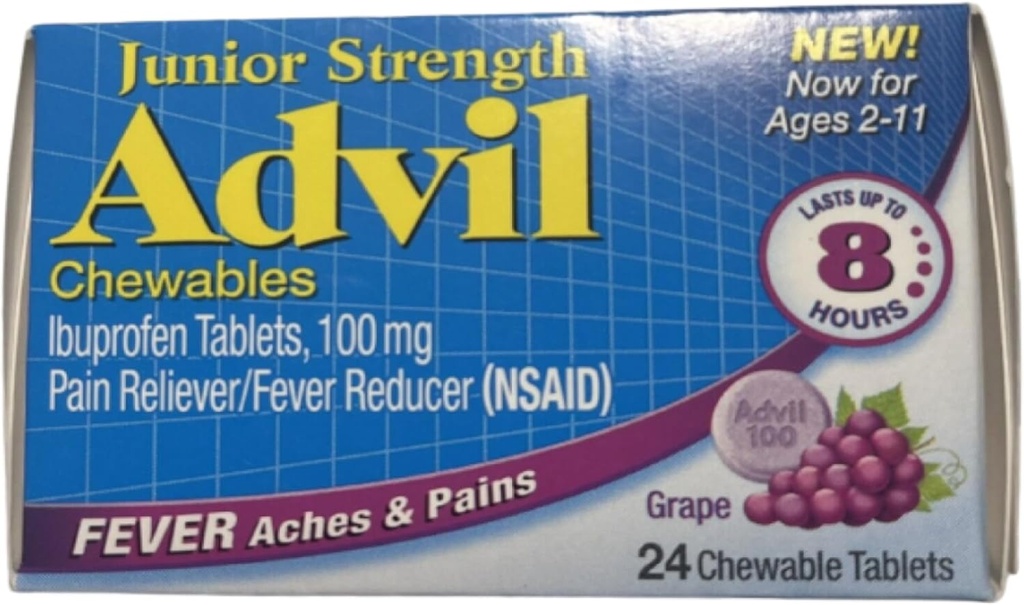 Advil Junior Chewable Ibuprofen Tablety, Hrozno 100mg, 24 Tablety Každá (Pack of 4)