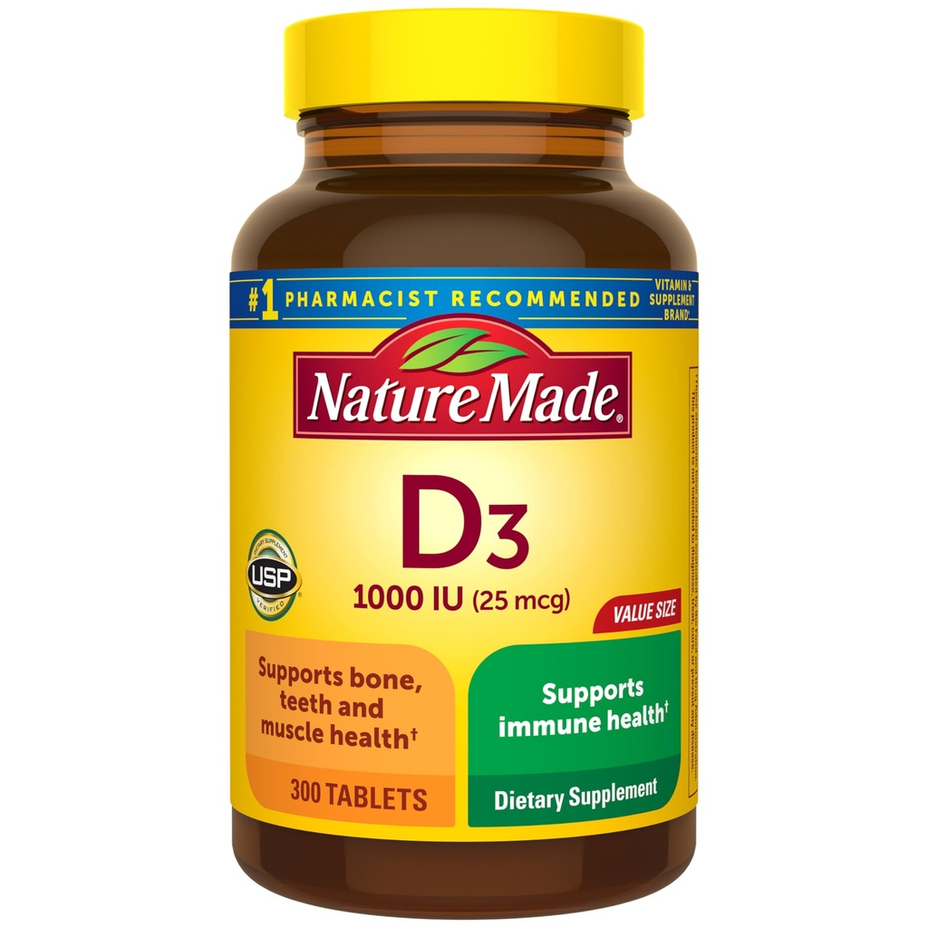 Prírodný vitamín D3 1000 IU (25 μg), vitamín D doplnok pre kosti, zuby, svalovú a imunitnú podporu, 300 tabliet, 300 dní