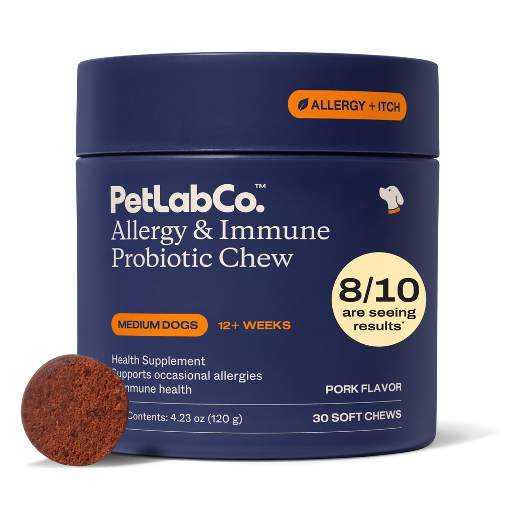 PetLab Co. Alergia & Immune Daily Probiotiká pre psov. Podporuje kyslosť výroby, Sezónne alergie, Intermitent svrbenie, Gut & Digestive zdravie pre stredne veľké psy, balenie môže Vary