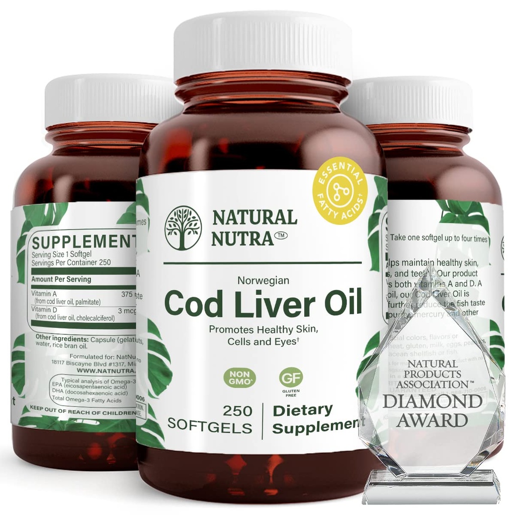Natural Nutra Norwegian Cod Liver Oil Supplement, pomáha udržiavať pokožku, pomáha udržiavať telesnú hustotu, zdravie očí a nervy funkcie, podporuje zubné zdravie, podporuje kardiovaskulárne zdravie, 250 Softgels