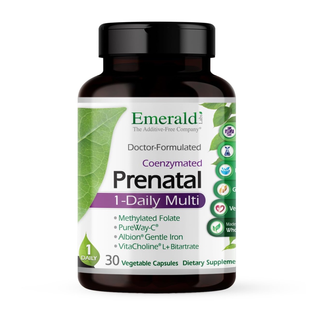Emerald Labs prenatálne 1-Denný multi - prenatálny multivitamín s metylom folátom, železom, celým potravinárskym mixom a viac - bez sóje, bez lepku - 30 rastlinných kapsúl