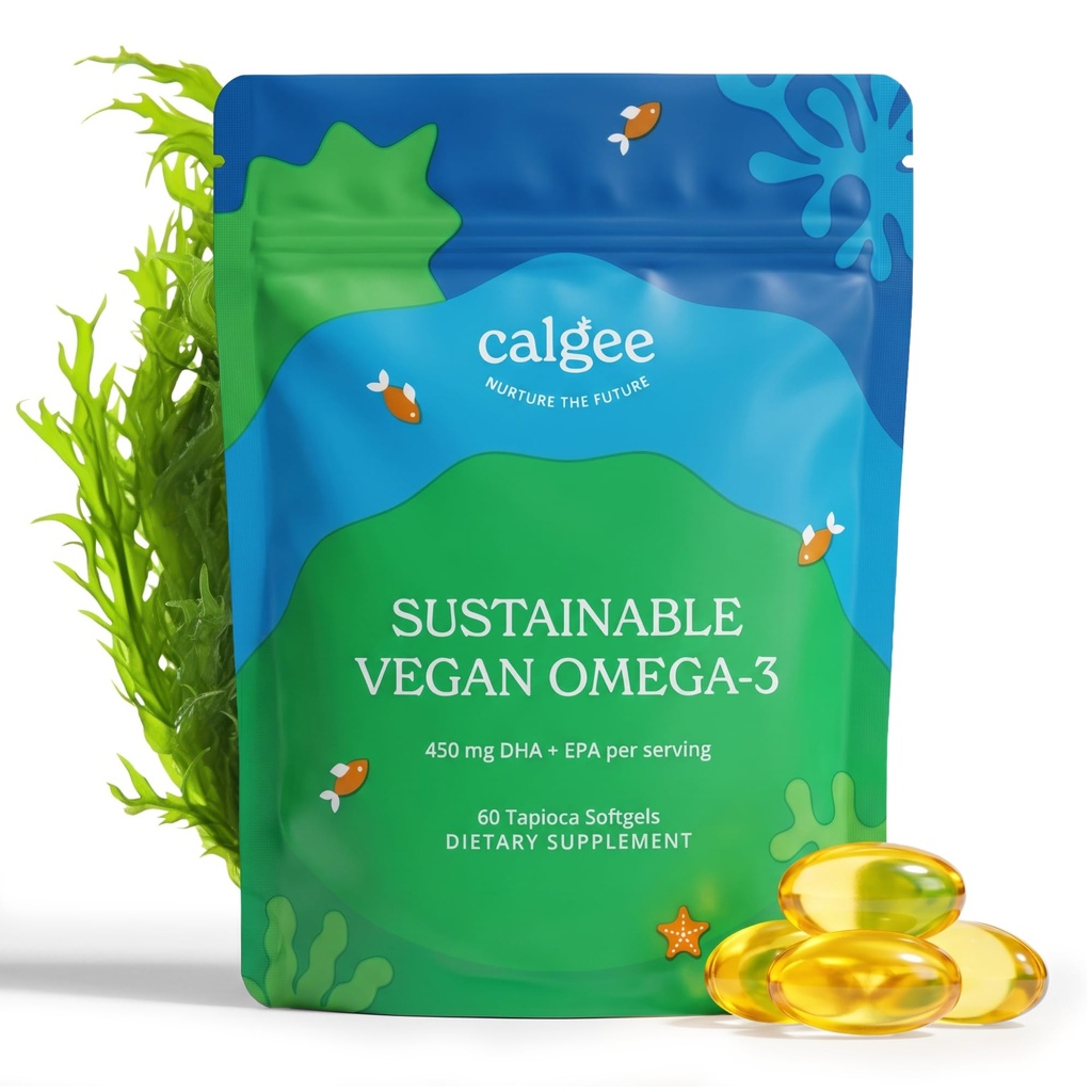 Calgee Vegan Omega 3-450mg DHA & EPA Mastné kyseliny - udržateľný algae olej - Plant-Based Fish Oil Alternatíva - Carragenan-Free Softgels (60 Ct)