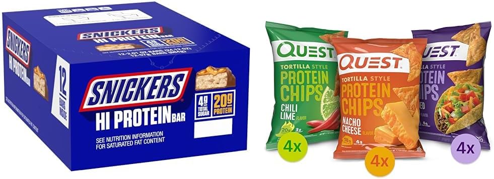 SNICKERS Hi Protein Arašidový karamel Bar hromadný box, Quest Tortilla Protein Chips Odrodové balenie