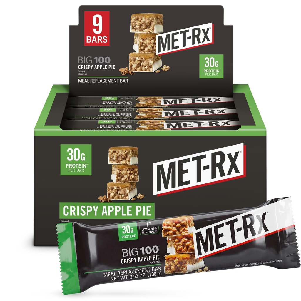 MET-Rx Big 100 Colossal Protein Bars, Crispy Apple Pie Replacement Bars, 9 Count
