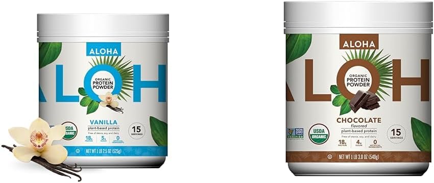 ALOHA Organic Plant Based Protein Powder Bundle, Vanilla 19,6 oz & Chocolate 19,6 oz, 15 porcií