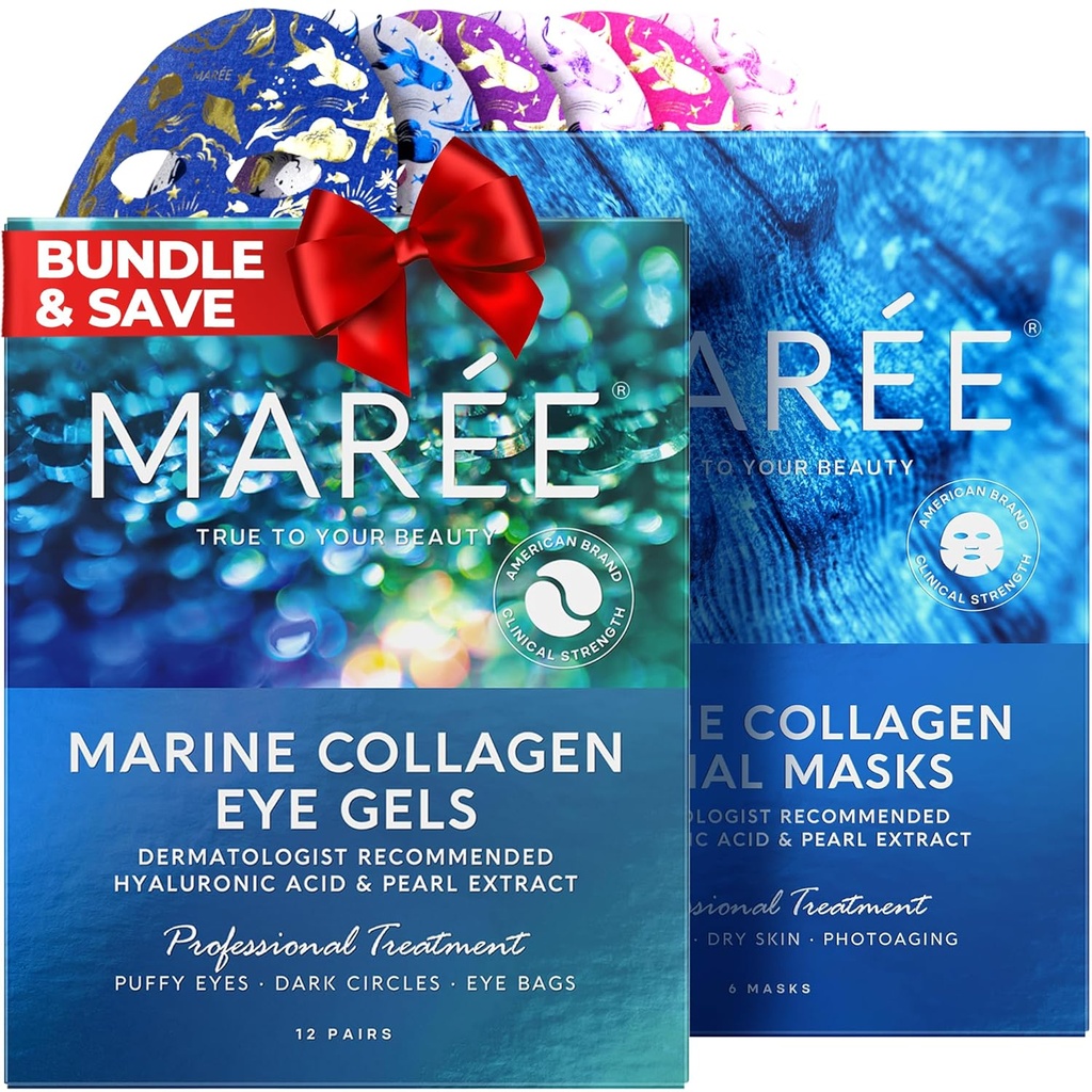 MAREE Eye Gels & Facial Masks Bundle - Pod očné gély pre opuchnuté oči a tmavé kruhy, List hydratačné masky - Marine Collagen & Hyaluronic acid, Green & Red Algae Extract - pre všetky typy pleti