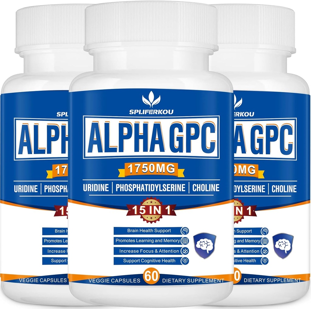 15- in-1 Alpha GPC Supplement with Fosfatidylserin, Uridín, L-Theanine, Lion's Mane Mushrom, 180 Kapsule