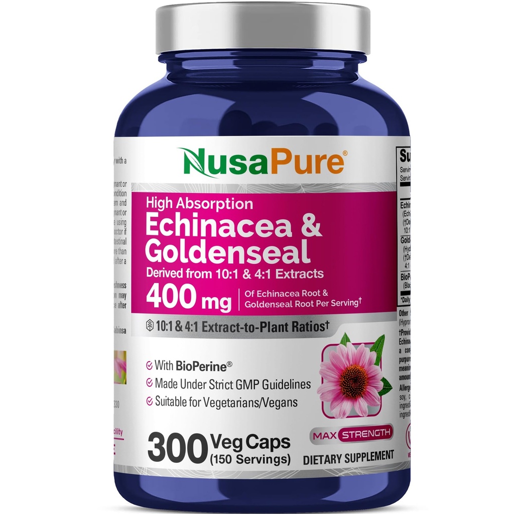 NusaPure Echinacea Goldenseal 200mg, (Extract 10:1, Equivalent to 2000mg), 200mg, (Extract 4:1, Equivalent to 800mg) - 2800mg 300 Veggie Caps (Vegetarian, Non-GMO, Vegan)