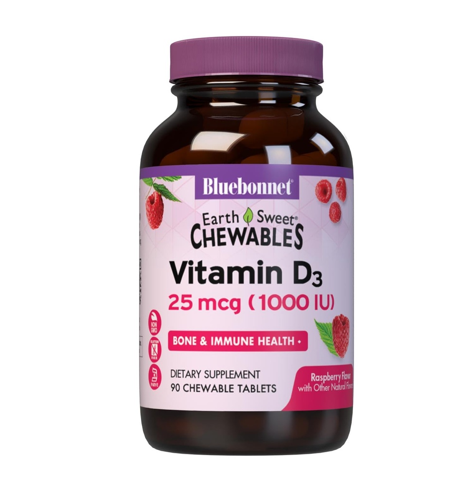 Bluebonnet Nutrition EarthSweet Vitamín D3 1000IU - Bone & Immune Suplement - Malinová žuvačka Vitamín D Supplement for Women & Men - Soy-free, Gluten-free, non-GMO - 90 tabliet