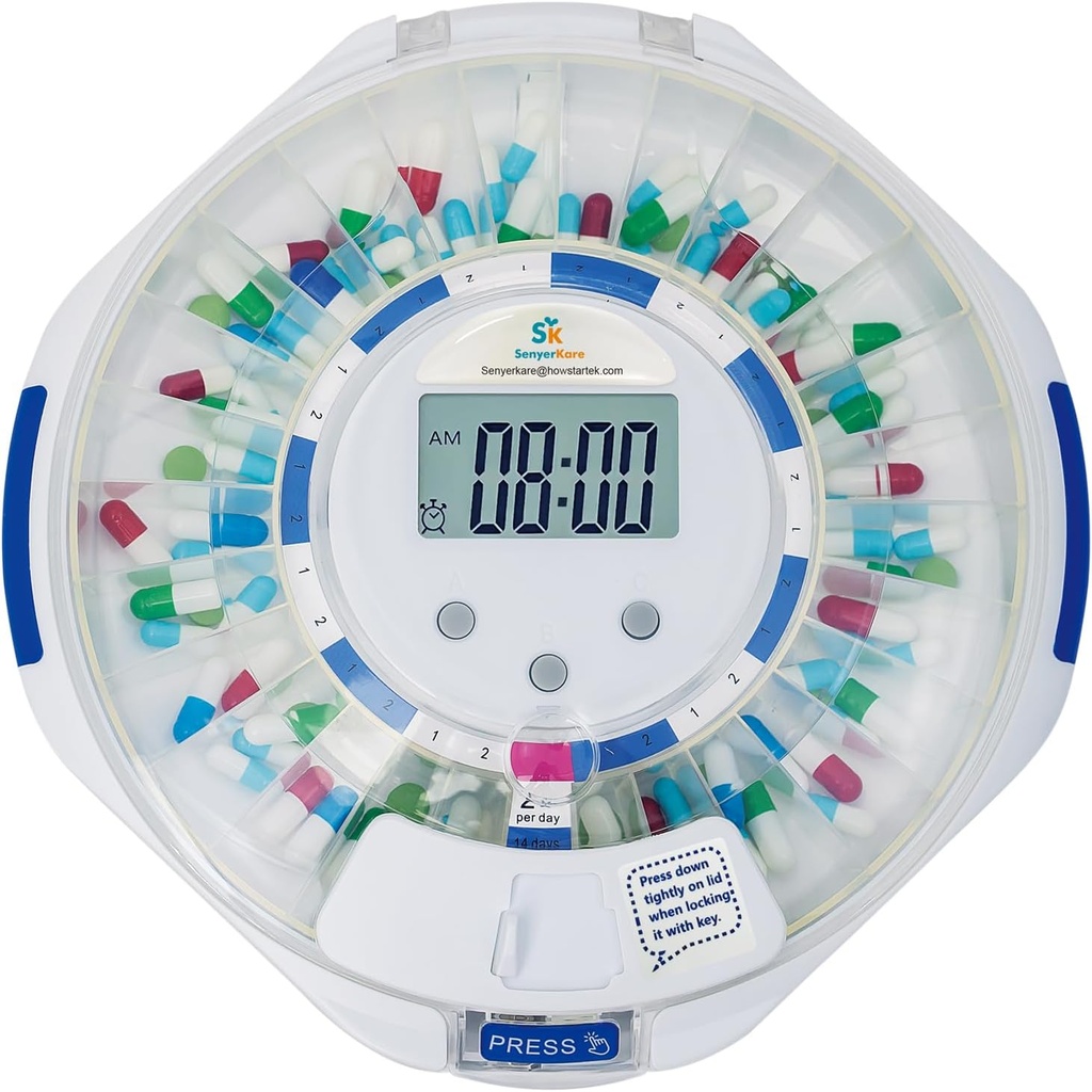 SenyerKare 28-Deň Automatické pilulky Dispenzer s Alarm & Alzheimerova starostlivosť, Lieky Organizátor w / Easy-Čítať LCD displej, Zvuk a svetlo & Kľúčové upozornenia pre lieky, Vitamíny, doplnky, Clear Lid