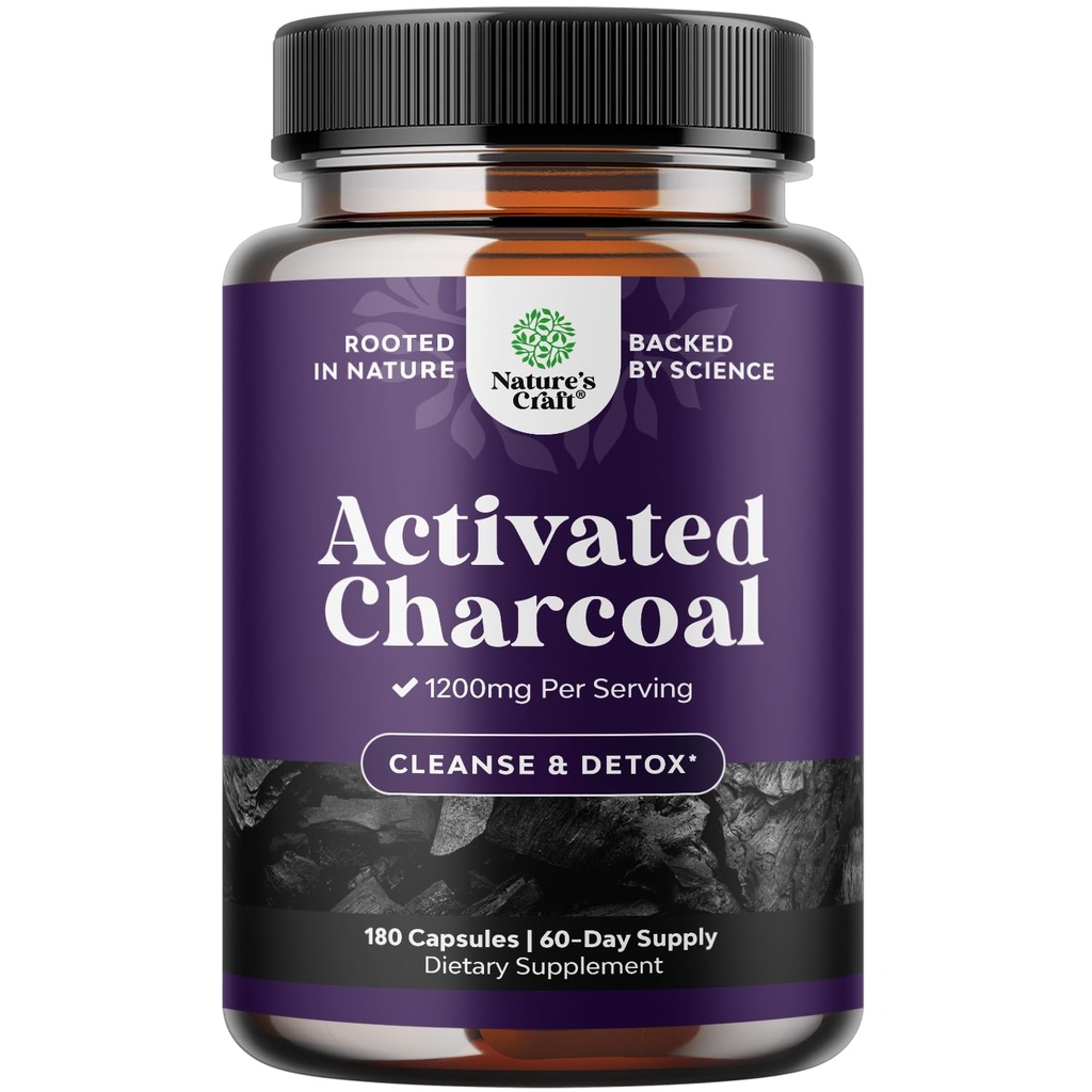Natures Craft Aktivované Charcoal Pills Detox & Cleanse - Čistiace kokosové kapsule s 1200 mg per service for Bloating Relief - Active Detox Supplement for Body & Gut Health -180 Počet
