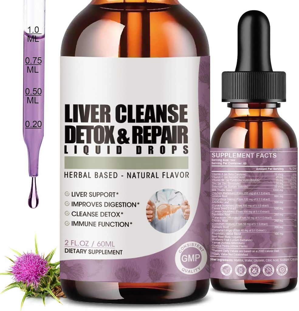2 balenie Pečeň Cleanse Detox & Repair Liquid Drops with Milk Thitle, Artičoky Extract, Liver Supplement for Liver Cleans & Detox, Antioxidant, Tráviaca podpora,Vegan - 4 Fl Oz
