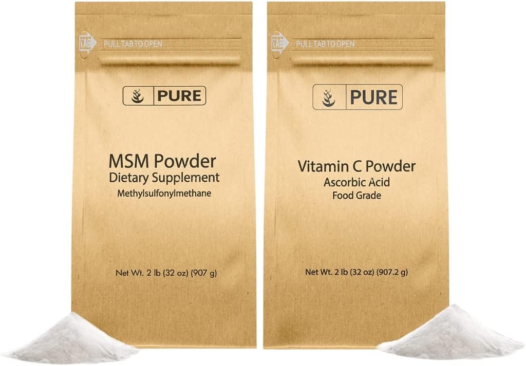 PURE ORIGINAL SUROVINY Vitamín C prášok a metylsulfonylmetán MSM prášok Bundle, (2 lb) Vždy čisté, Dietetické doplnky