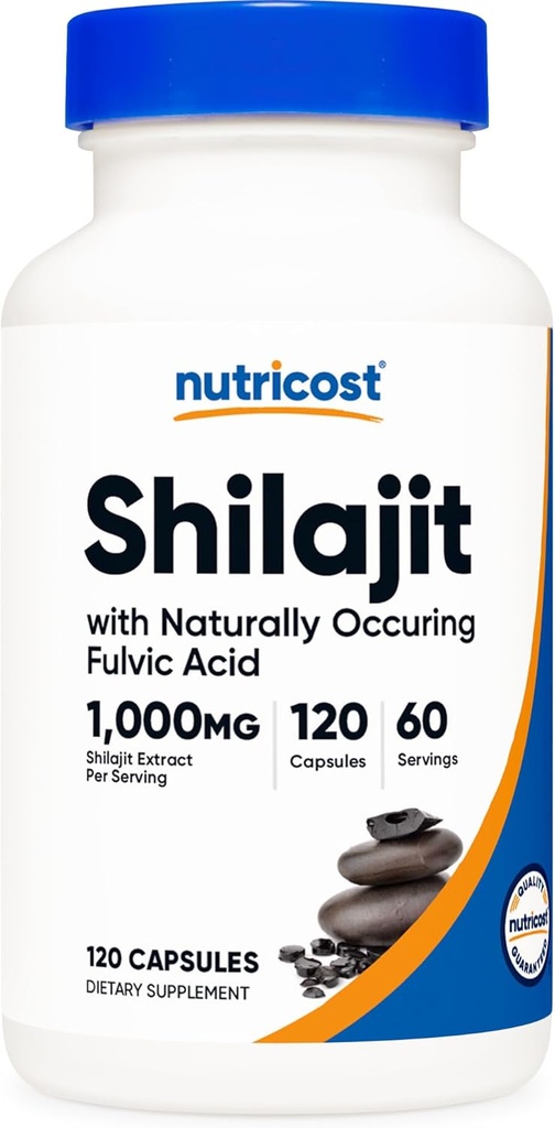 Nutricost Shilajit Kapsule (1 000 mg per serving) (120 Kapsule) - Shilajit extrakt s prirodzenou occuring Fulvic Acid, 60 Servings, Gluten Free, non-GMO, Vegan Friendly Dietary Supplement