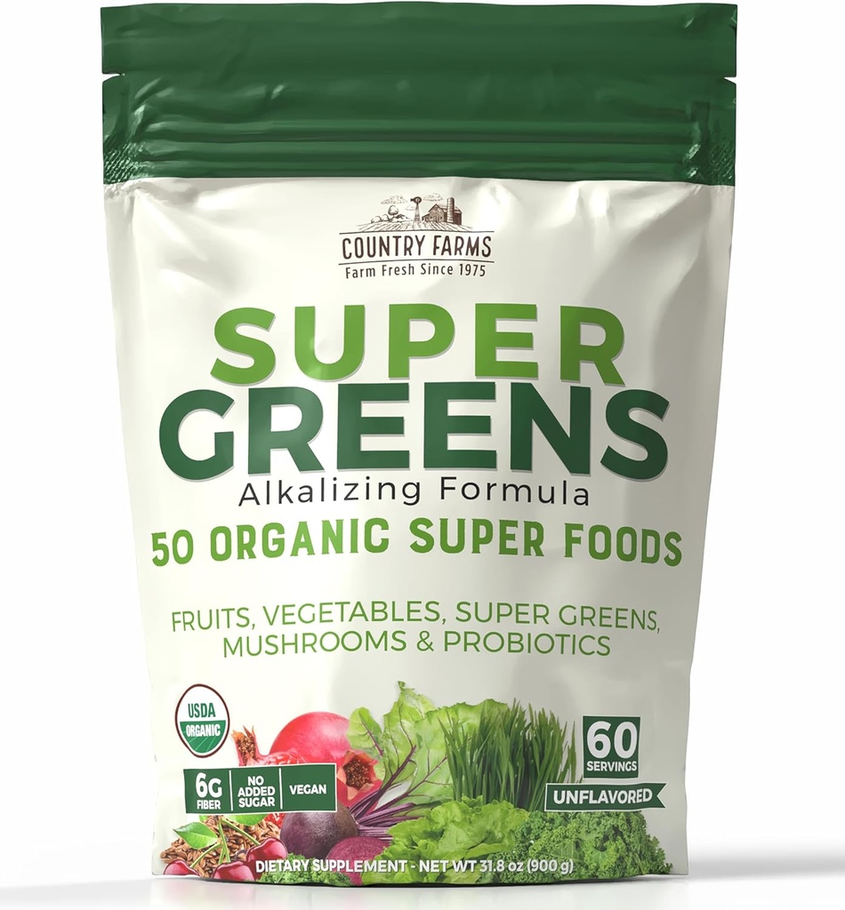 Country Farmy Super Greens Natural Flavor, 50 Organic Super Foods, USDA Organic Drink Mix, Ovocie, Zelenina, Super Greens, s vlákninou, Huby a probiotiká, Podpora Energia, 60 Servings, 900g