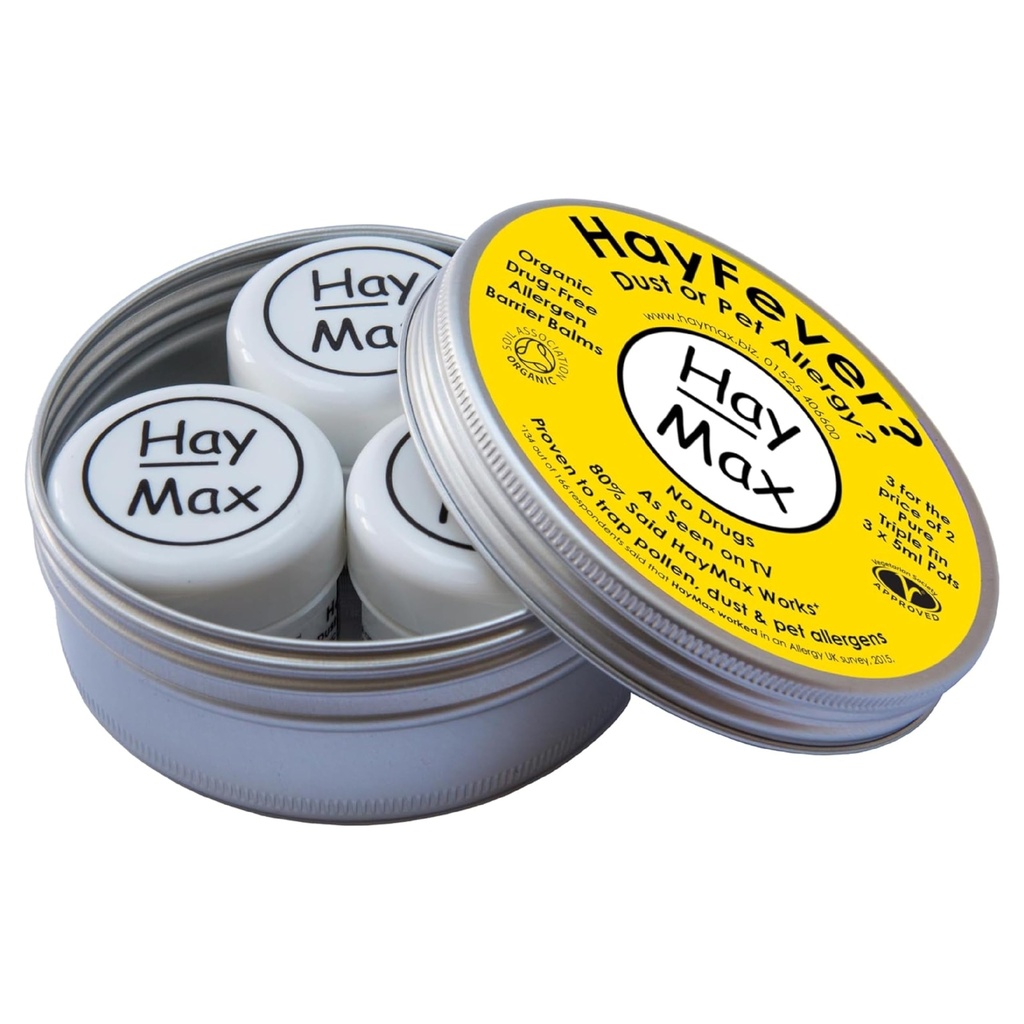 HayMax Allergen Barrier Balm Triple Tin Pure - Balenie 3 - Organické, prírodné a non-Drowsy Hay Fever & Allergy Relief Balm - Traps Pollen, Prach a ostatné Alergické častice - Aplikujte okolo nosa a očí