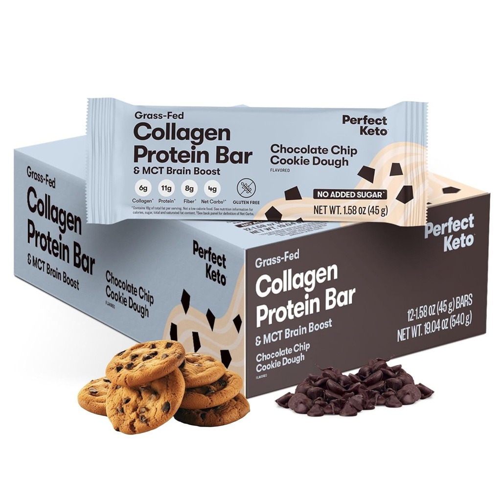 Perfect Collagen Protein Bars, Gluten Free Grass Fed Collagen + MCT Olej, Nízky Carb, No Sugar Pridané, Vysoké Bielkoviny Snacks, Keto Diet Foods, 11g Protein, 18g Tuk, 3g Net Carbs, Čokoládové Chip, 12 Bars