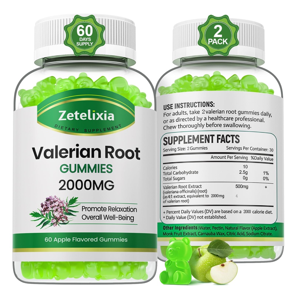2 balenie Organic Valerian Root Gummies, bylinné doplnky pre relaxáciu a podporu nálady, spánkové Gummy bez melatonínu pre dospelých, Vegan, non-GMO, Apple Flavor, 120 gróf