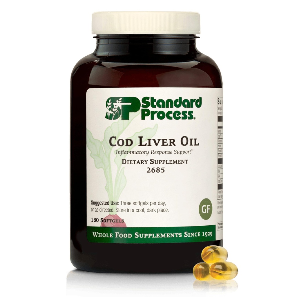 Standard Process Cod Liver Oil - Aids Healthy Skin & Eyes with Omega-3 Mastné kyseliny a vitamíny A a D - Bone & Tooth Health Support - Gluten-free, non-Dairy & Non-Soy - 180 Softgels (60 Servings)