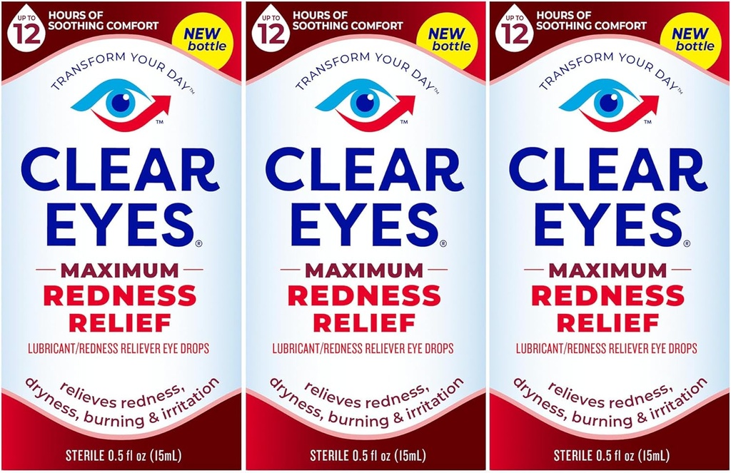 Clear Eyes Maximum Redness Eye Relief Eye Drops, 0,5 Fl Oz, balenie 3 ks