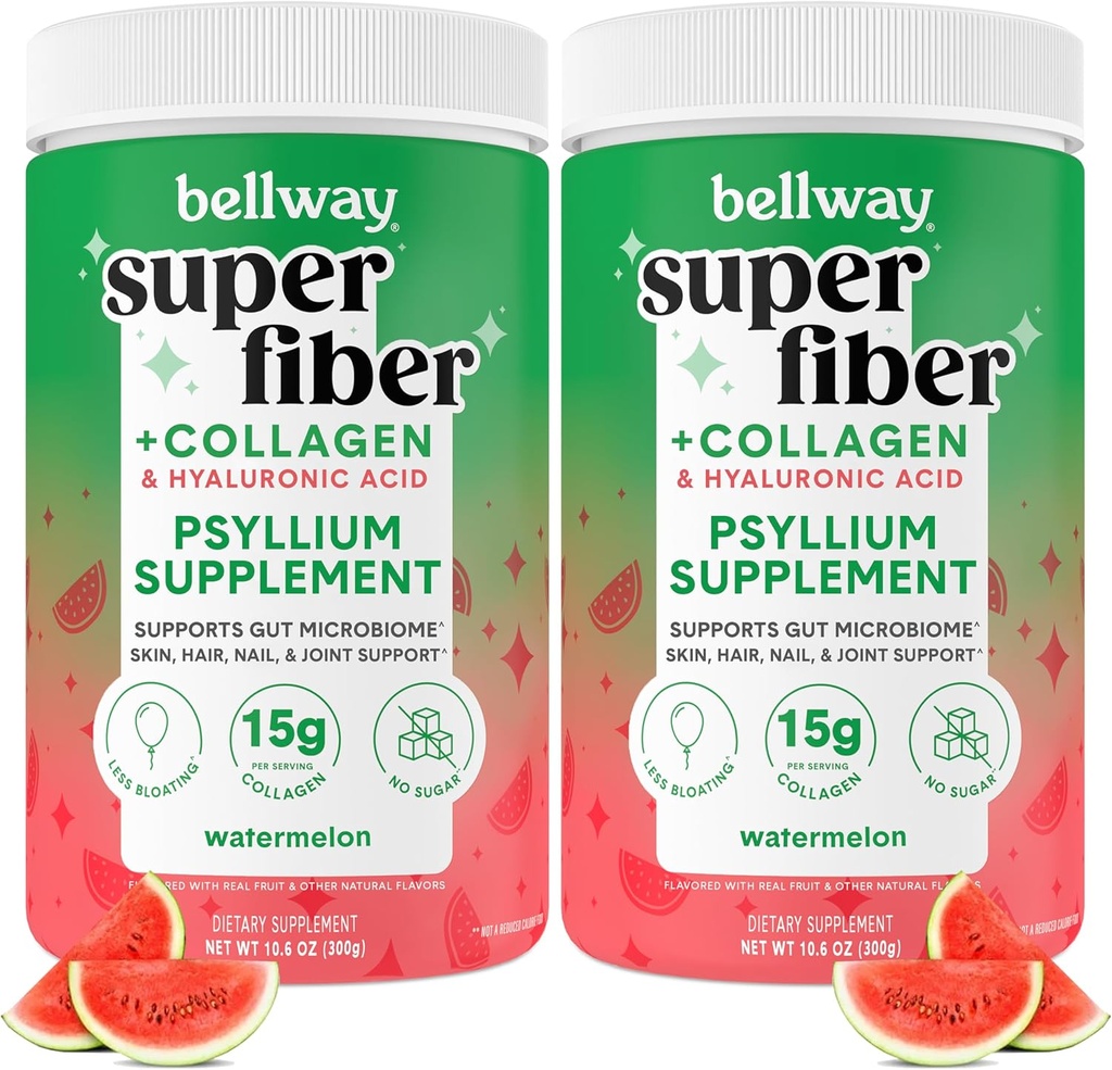 Bellway Super Fiber Powder + Kolagén (2 balenia), bez cukru Psyllium Husk prášok s kolagénom Peptidy a kyselina hyalurónová pre zdravie Gut, zdravá koža, nechty, kosti a kĺby, Watermelon (21.2 oz)