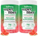 Bellway Super Fiber Powder + Kolagén (2 balenia), bez cukru Psyllium Husk prášok s kolagénom Peptidy a kyselina hyalurónová pre zdravie Gut, zdravá koža, nechty, kosti a kĺby, Watermelon (21.2 oz)