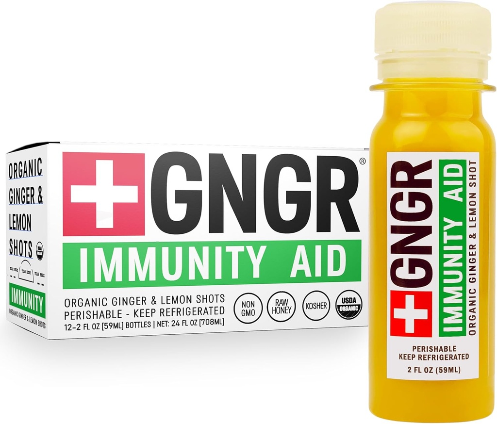 +GNGR Imunitná pomoc Organická zázvor, citrónová a medová rana - studená lisovaná zázvorová rana s Echinaceou, citrónovou šťavou, medom, zinkom a vitamínom D3, imúnna a trávivá podpora 2 fl oz (Stock of 12)