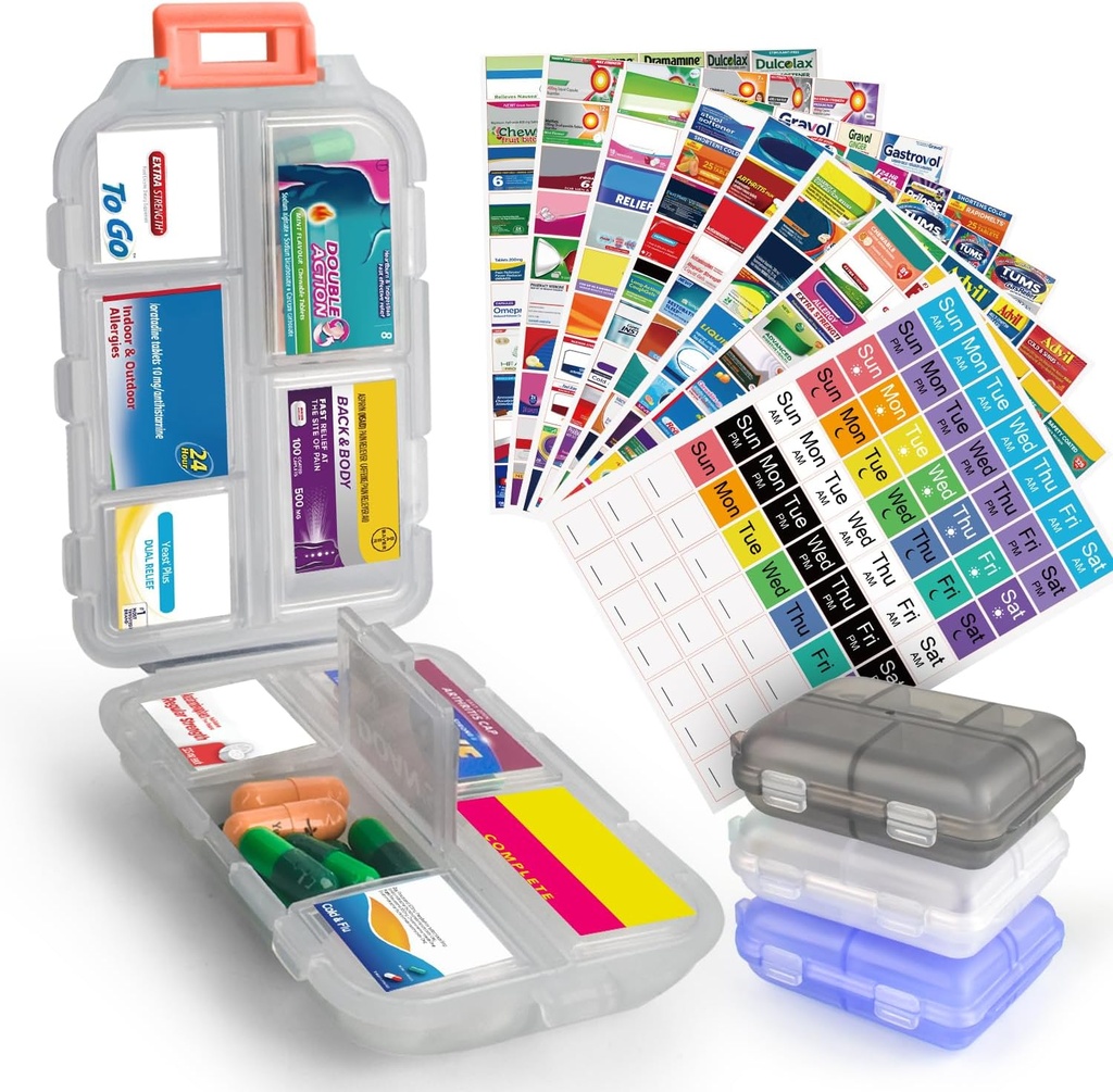 3 ks DIY Cestovné pilulky Organizátor s labels Pocket Pharmacy, 3 Pill Box & 420 Lístok na medicínu, Prenosné Cestovanie Essentials Mini Pill Container 7 Day Pill Case Storage Vitamin Fish Oil (Set A)