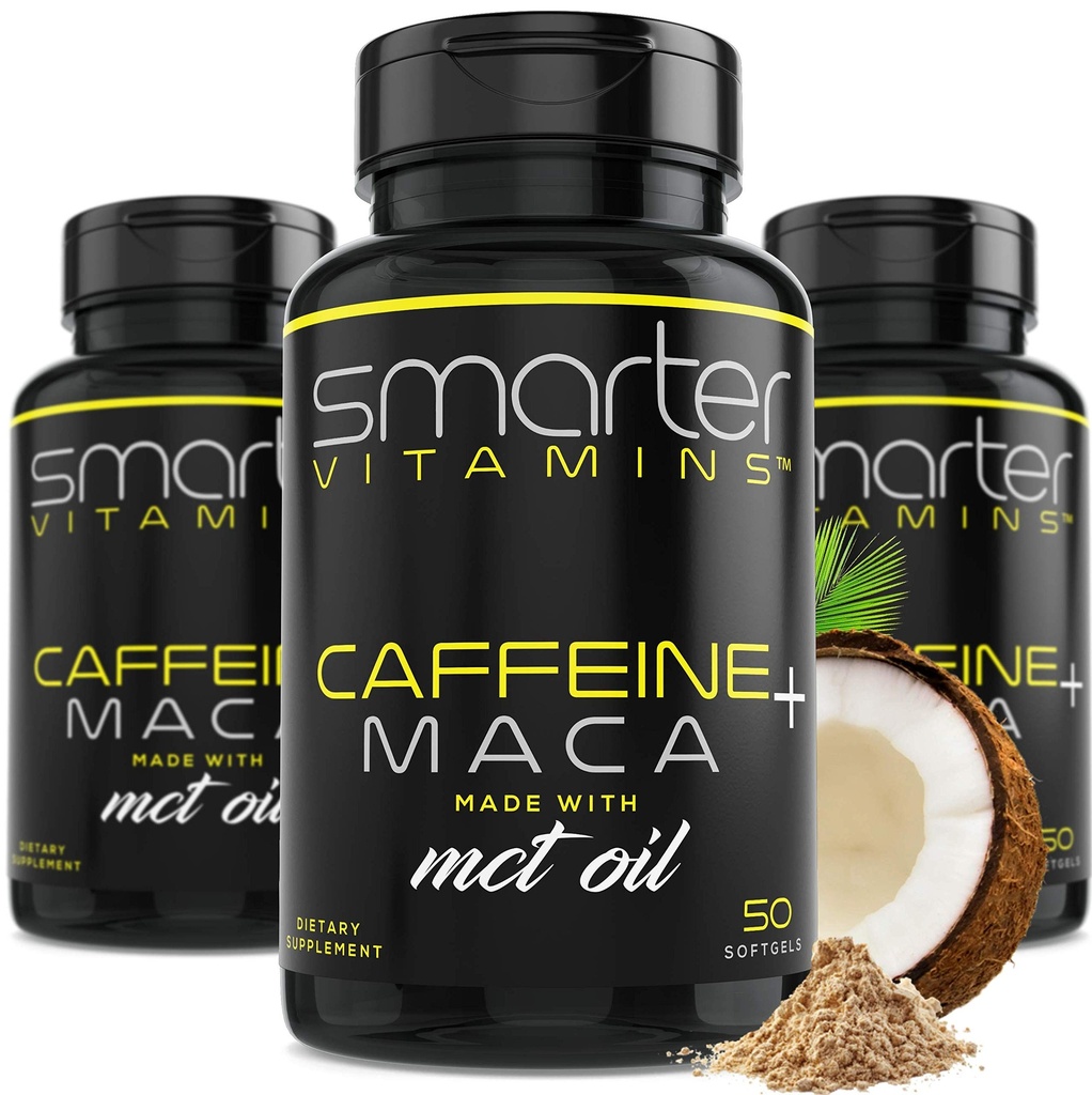 (3 balenia) Inteligentnejšie energetické tablety, 200 mg kofeínu a kokosu MCT Olej s Maca Root, 150 Liquid Softgels