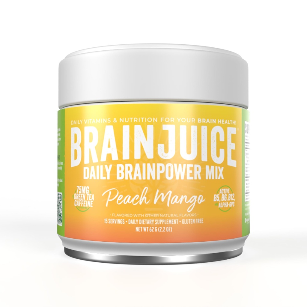 BrainJuice Noottropics Brain Suplement, Gluten Free Powder for Energy and Focus, Drink Mix with L Theanine, Alpha GPC, Vitamín B, Organic Green Tea Extract Caffeine, Peach Mango, 15 Servings