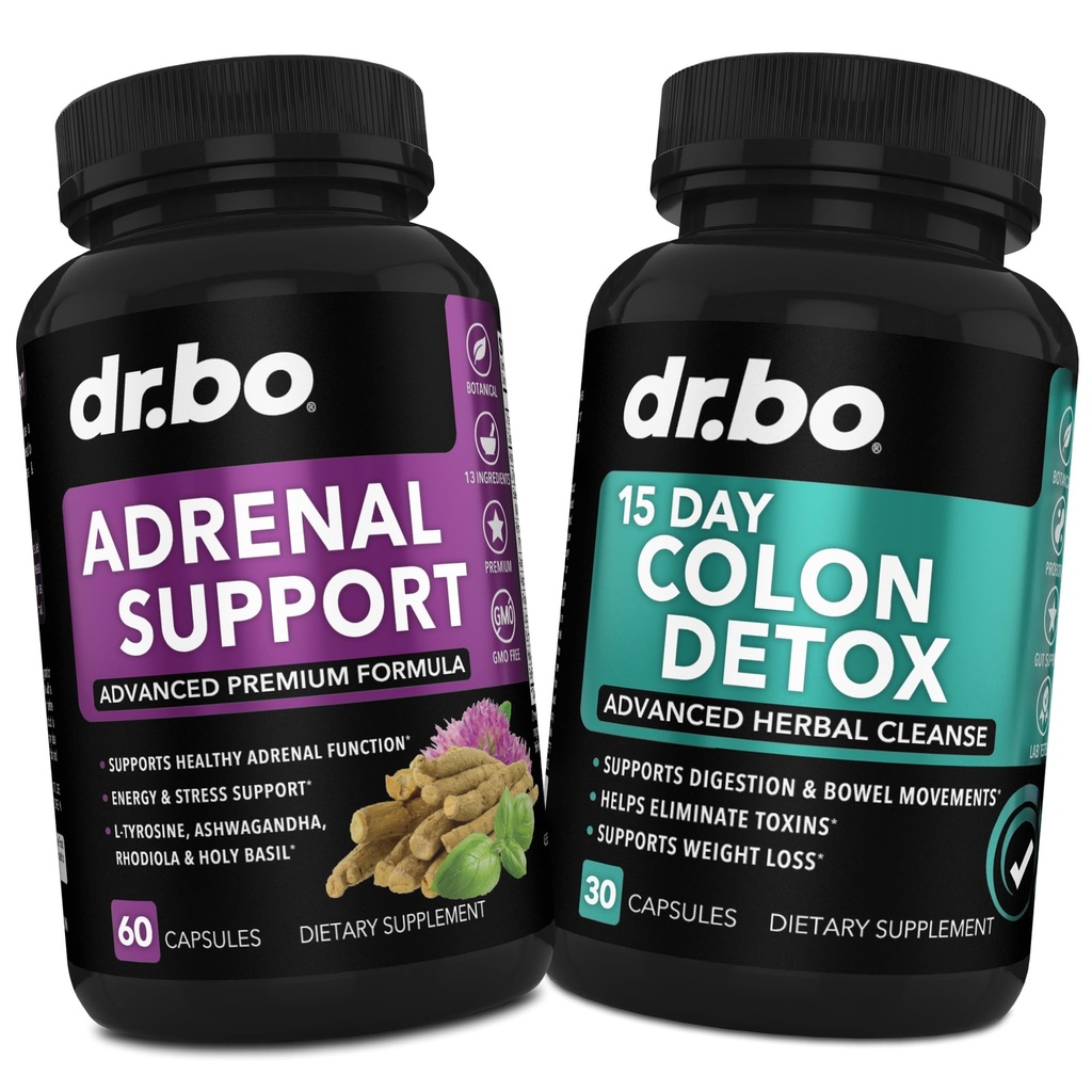 DR. BO Adrenal Support & Colon Cleanse Doplnky - Nadobličky pre adrenálnu únavu s Ashwagandha & L Tyrozine - 15 dní Intestinálne čistiace pilulky na podporu pohybu čriev a čistenie žalúdka