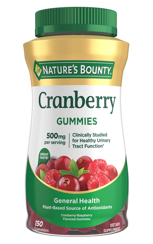 Bounty Cranberry Gummies v prírode, Podpora močových ciest, 500 mg, Cran-Raspberry Aquavor, 150 Ct