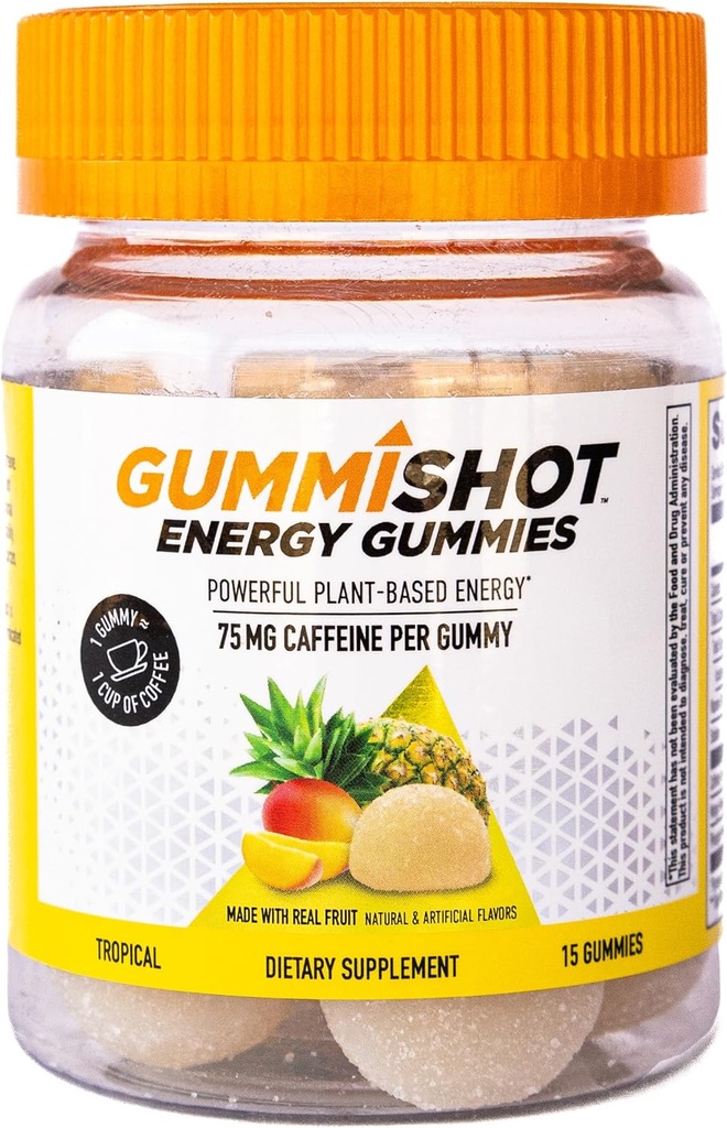 GummiShot Energy Gummies, 1125 mg Plant-Based Caffeine Chews per Bottle, Long Lasting Energy Boosters, Tropical (15ct)