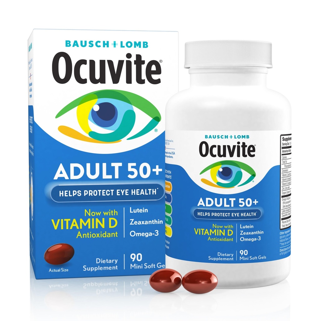 Okuvite 50+ Očné vitamíny a minerálne doplnky, Multivitamín pre videnie a očné zdravie s Omega-3, Zinok, Vitamíny C & E, luteín a zeaxantín, Zinkové doplnky pre ženy a mužov, 90 Softgels