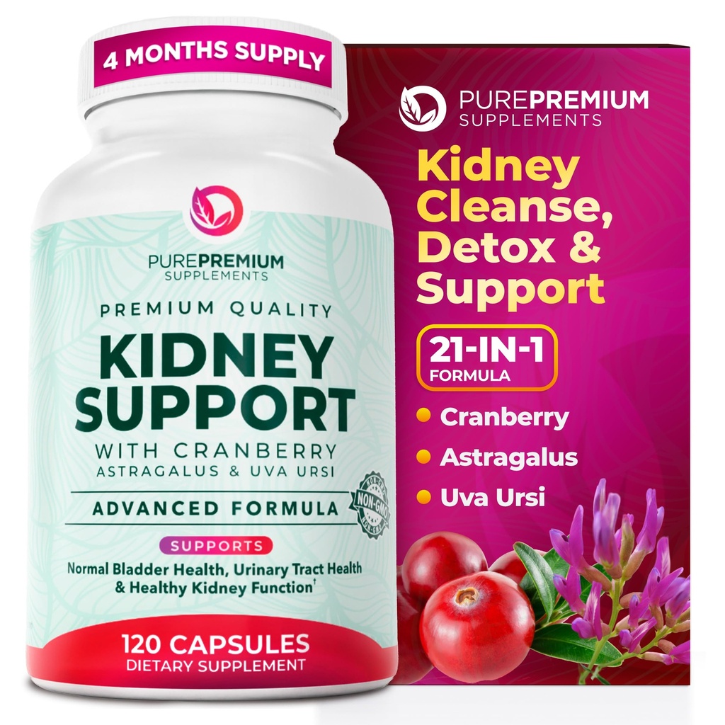 PurePremium Support Doplnková liečba obličiek Čistenie detoxu a opravy s brusnicovým extraktom & Astragalus - 21-in-1 Komplex podporuje normálny močový mechúr, močové tract & Obličky zdravie - 120 Day Supply
