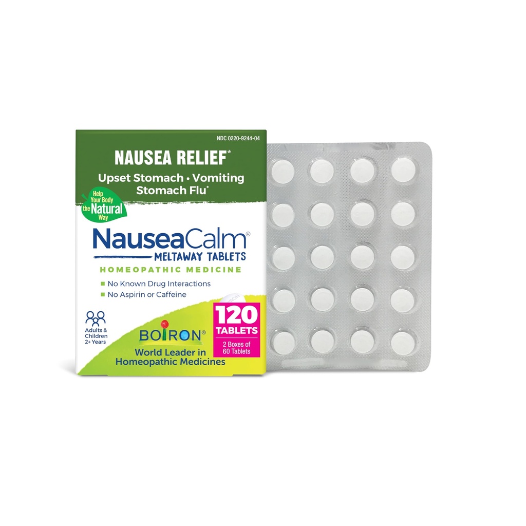 Boiron NauzeaCalm Relief pre žalúdočné ťažkosti, nevoľnosť a vracanie v dôsledku žalúdočnej chrípky, nadmernej zhovievavosti alebo pohybovej choroby - non-Drowsy - 120 Počet (2 balenia po 60)