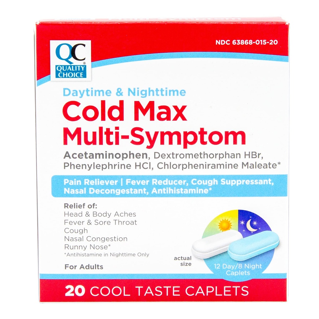 Quality Choice Day & Night Cold Max Multi-Symptom, Cold & Flu Medicine, Pain Reliever, Fever Reducer, Cough Supressant, Nasal Decongestant, 24 hodín Relief Cool Taste Caplets
