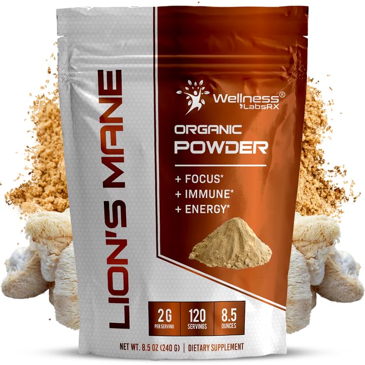 WELLNESS LABSRX Lion Mane Powder, Mushroom Supplement - 2000mg - Lions Mane Supplement - Lion's Mane Mushroom Powder Brain Supplements for Memory and Focus, Immune Support and Health - 120 Servings