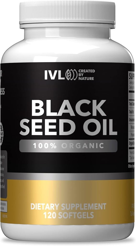 IVL - Organic Black Seed Oil - 120 Softgel Kapsule - (1 000 mg per Serving) - Pure Cold Pressed Nigella Sativa Seed Oil - Omega 3 6 9, Antioxidanty, Thymochinón - Čierny Seed Oil Tekuté Kapsule