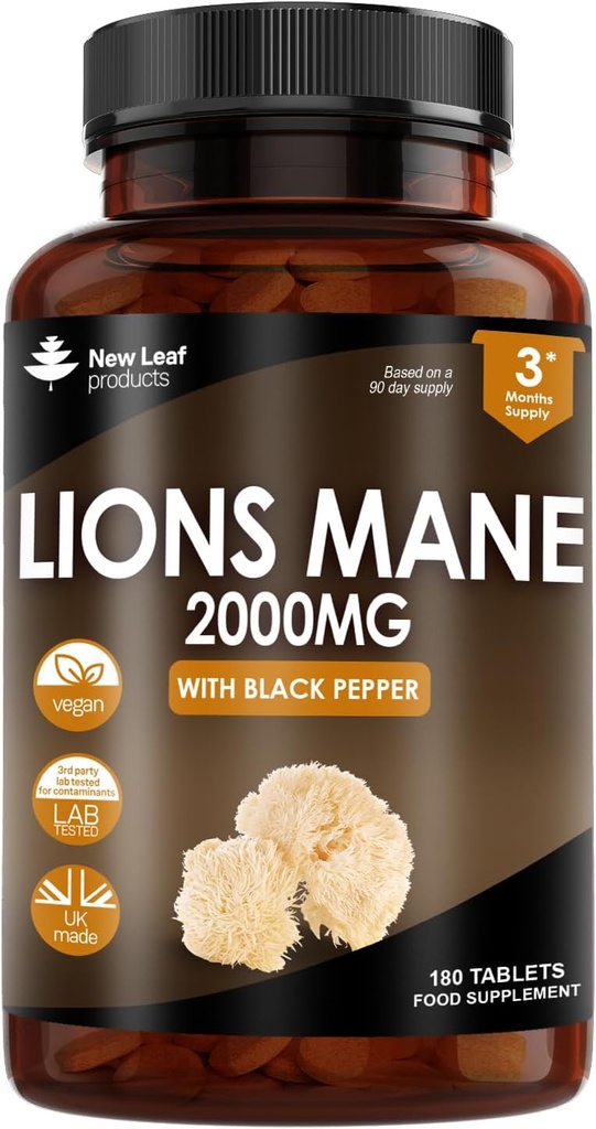New Leaf Products Lions Mane Mushrom Extract Supplement 2000mg - 180 High Strength Vegan Tablety s čiernym korením - (Nie prášok alebo kapsuly) Vyrobené vo Veľkej Británii
