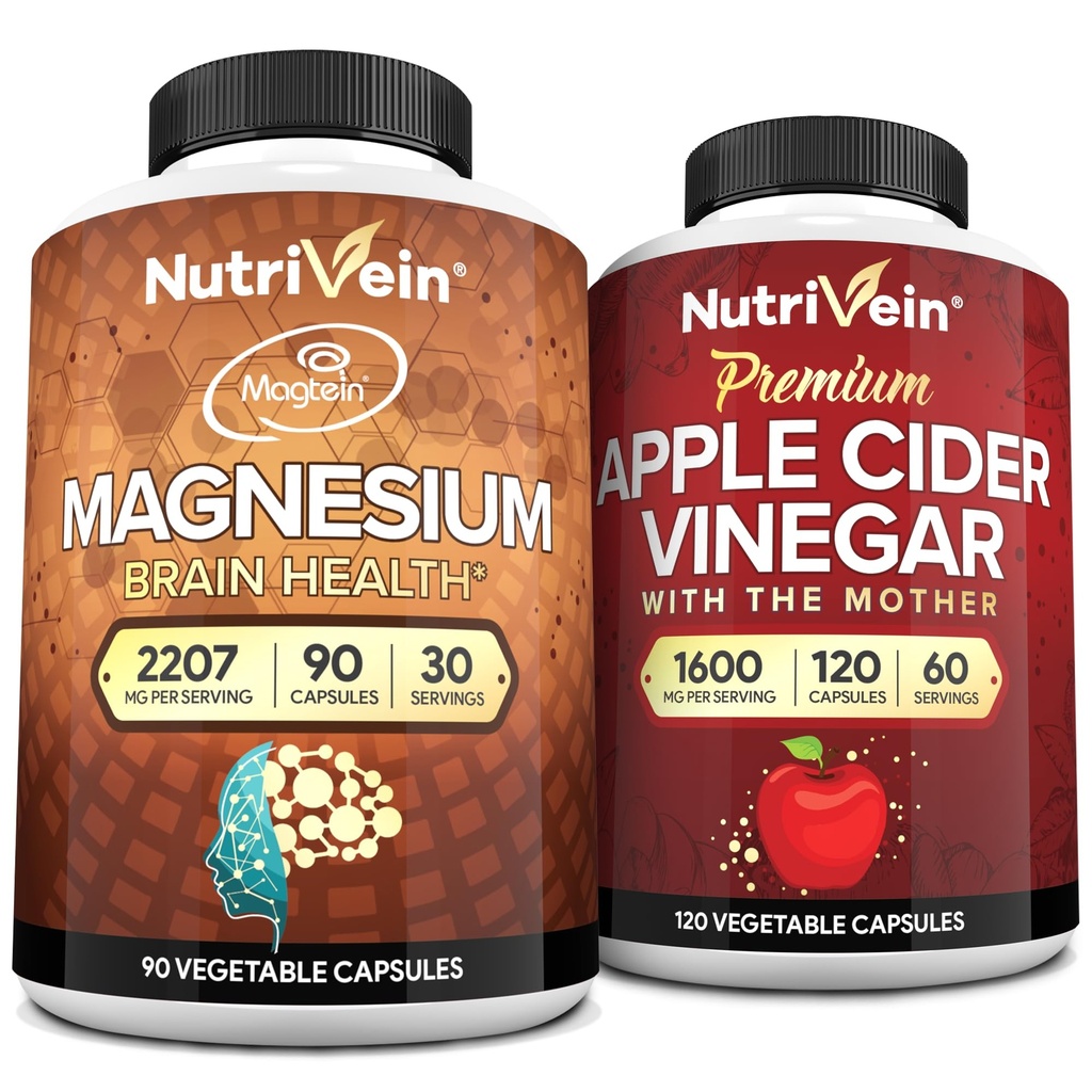 Nutrivein Premium Apple Cider Ocogar Kapsule & Magnézium L-Hreonate Bundle: High-Absorption Magnézium Threonate Supplement and Apple Cider Ocogar Supplements for Brain, Gut, & Celkové dobre Being