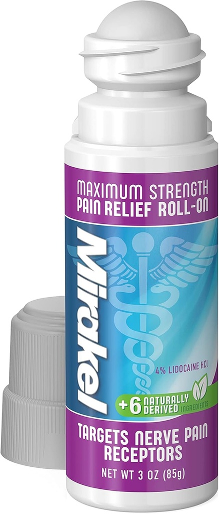 MIRAKEL Nerve Pain Relief Roll-on, Maximálna sila Lidokaín uľaviť bolesti v prstoch, nohy, prsty, ruky, nohy a ruky, 3 oz